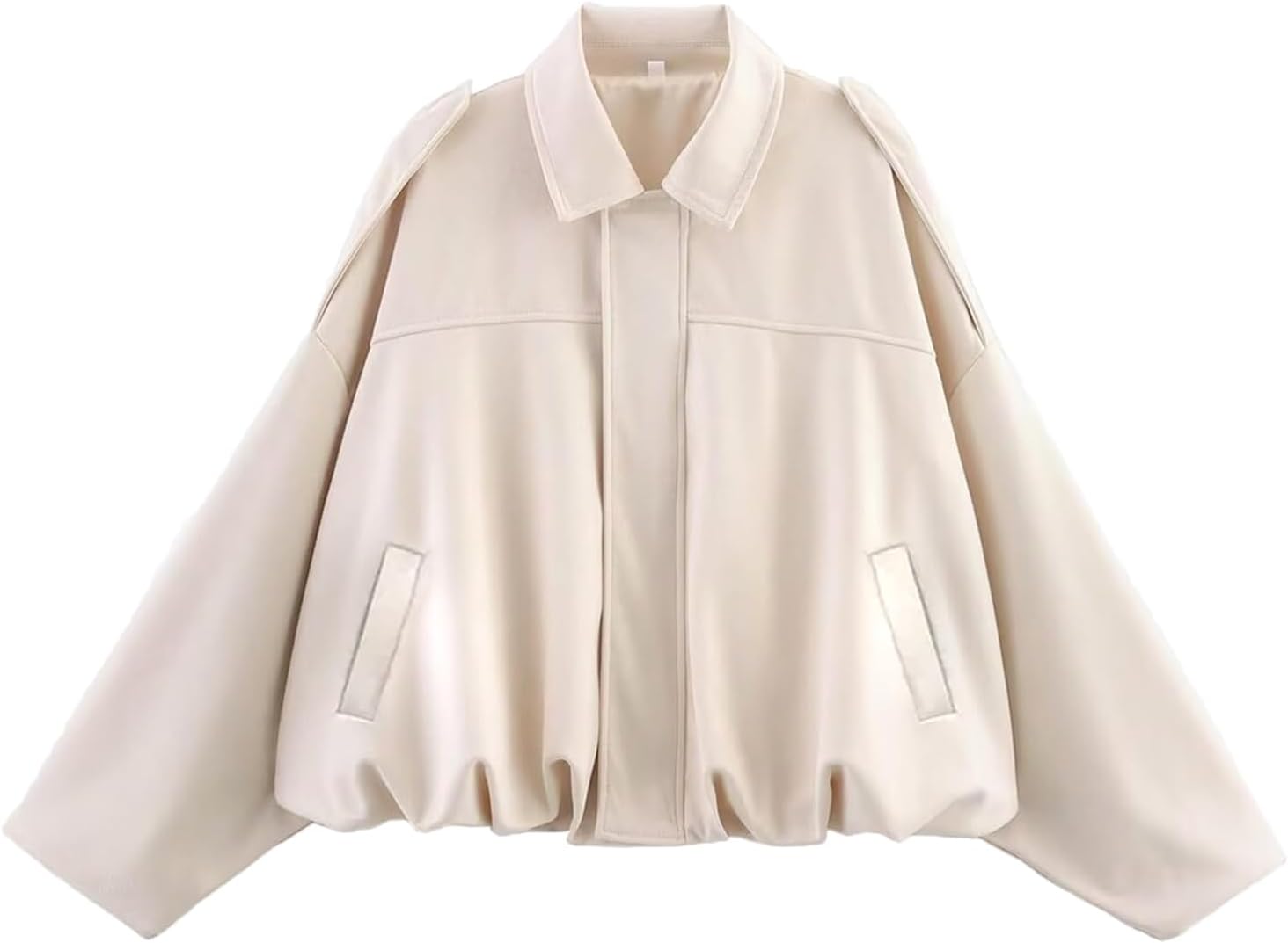 Bnigung Womens Faux Suede Bomber Jacket Oversized Long Sleeve Cropped Coat | Lightweight Going Out Suede Jackets, 2 Pockets, Lapel Collar, Batwing Sleeve, Zip up, Outerwear for Casual Daily Vacation