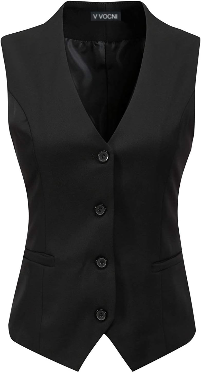 V VOCNI Women's Fully Lined 4 Button Dressy Suit Vest Waistcoat | V Neck, Sleeveless, Slim Fit, Formal Dress Waistcoat, Business Casual Vest Tops