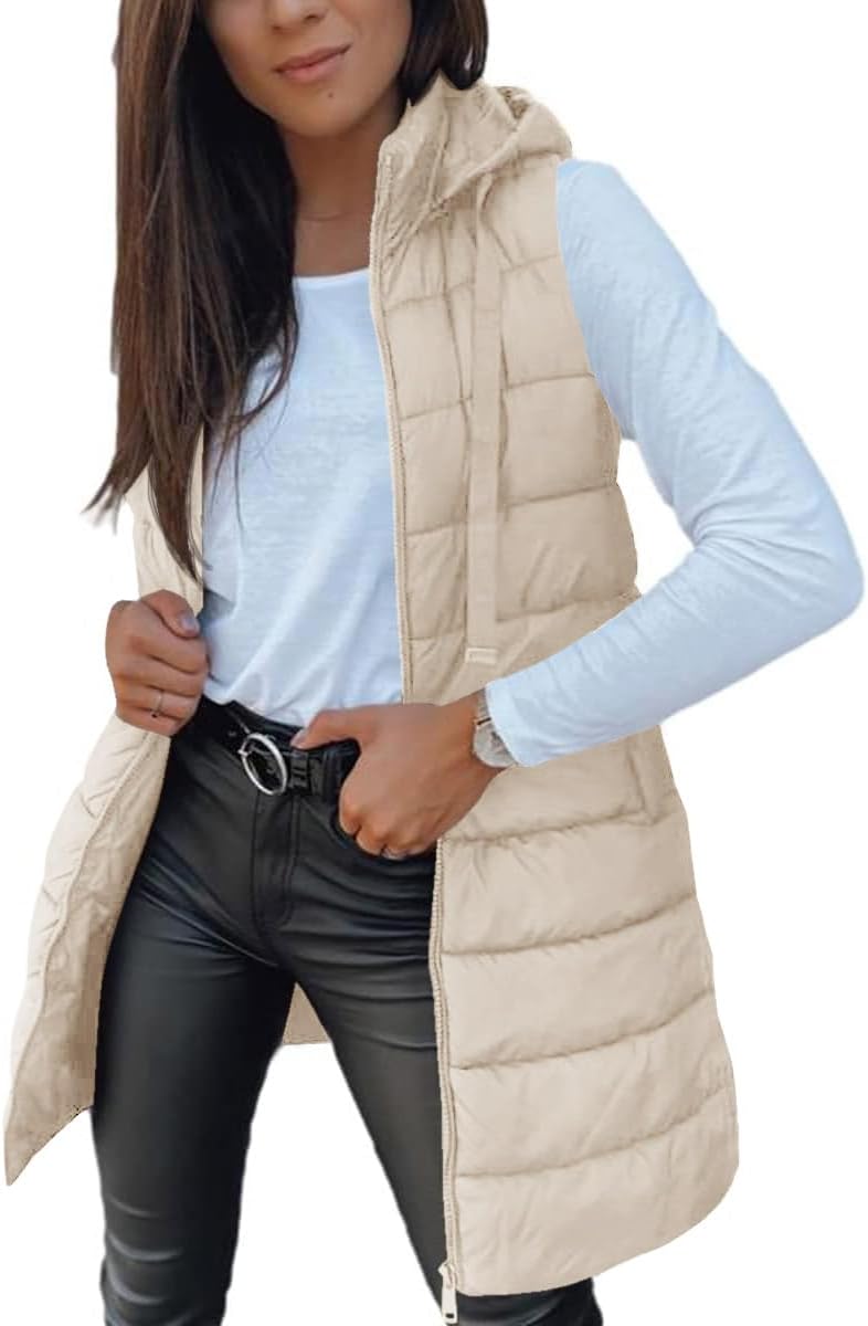 Veatzaer Women Long Vest Sleeveless Hood Winter Puffer Vest Outwear | Solid Color,Pocket,Lightweight,Casual Long Puffer Vests