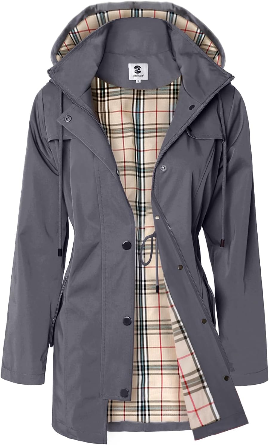 Women's Long Hooded Rain Jacket in Dark Grey, view 13