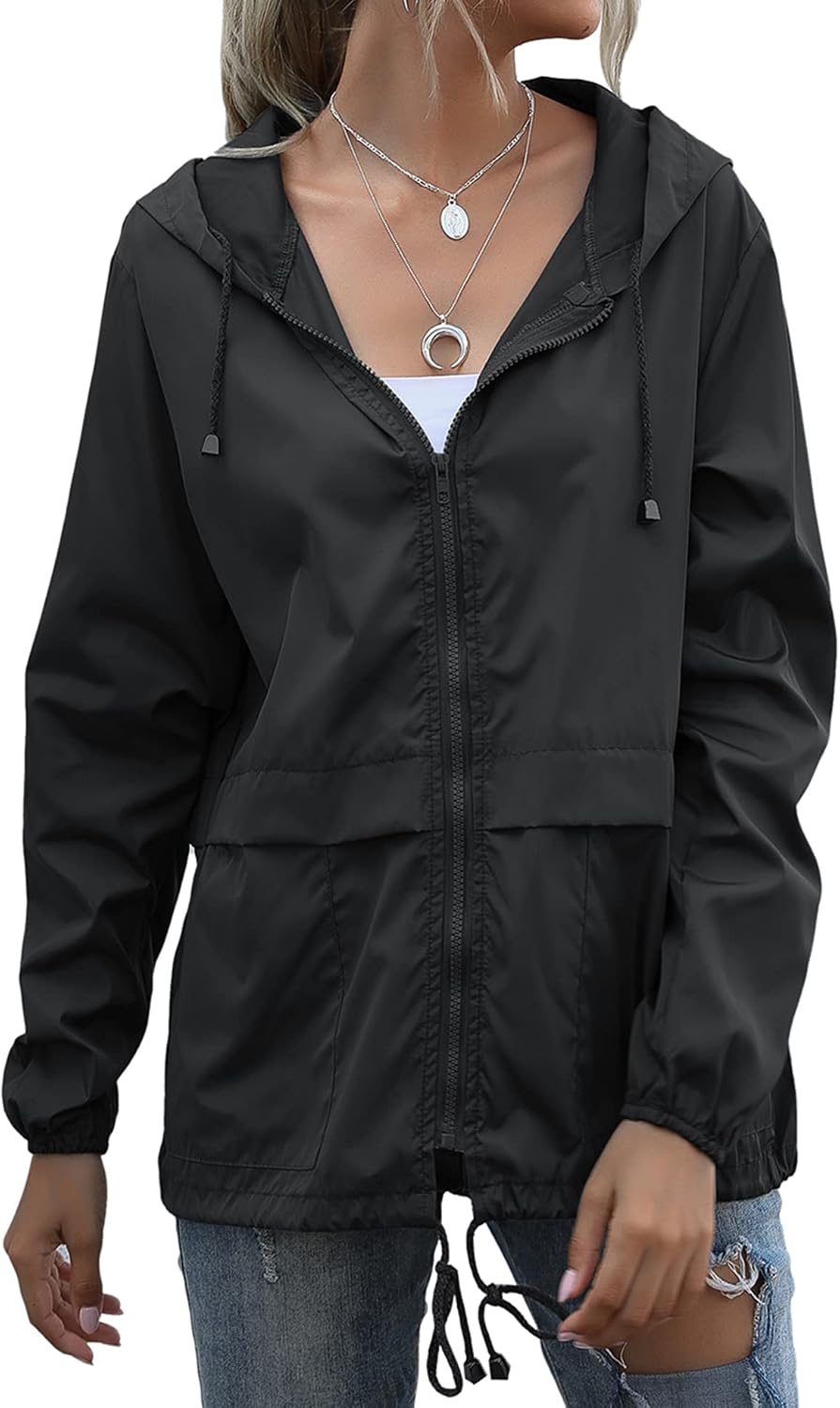 Muzeca Women's Waterproof Raincoat Lightweight Rain Jacket Hooded Windbreaker with Pockets for Outdoor