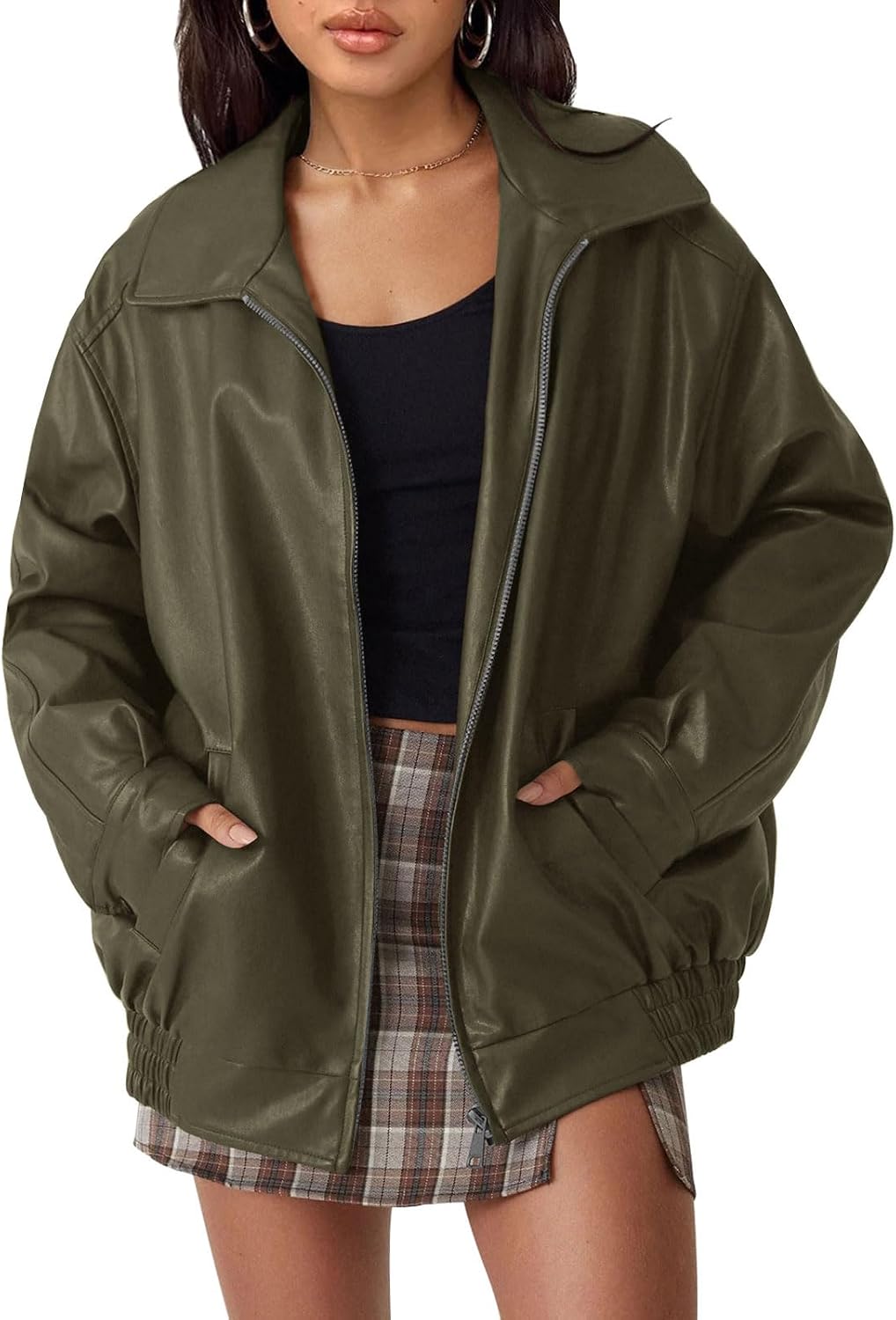AUTOMET Women's Oversized Faux Leather Jacket for Fall and Winter | Boyfriend Biker Moto Coat, Medium weight Fall Bomber Jackets, Winter Outerwear