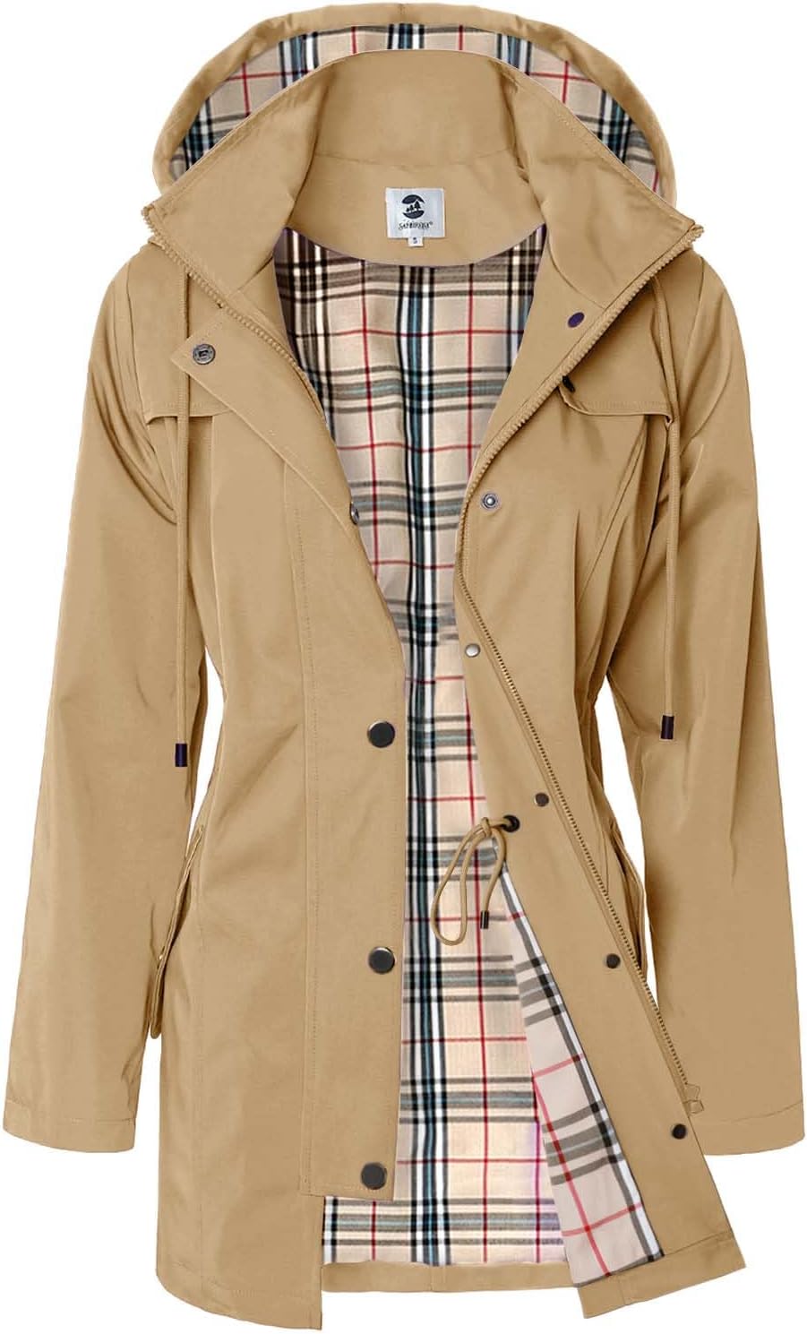 Women's Long Hooded Rain Jacket in Dark Khaki, view 6