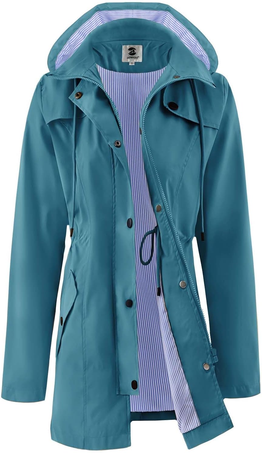 SaphiRose Women's Rain Jacket Waterproof Rain Coat with Hood Outdoor | long, Windbreaker, raincoat, lightweight, drawstring waist, snap pockets, camping, travel, daily wear, walking dog