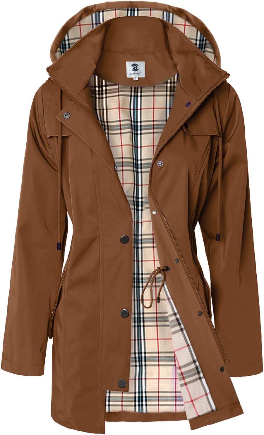 Women's Long Hooded Rain Jacket in Deep Brown, view 2