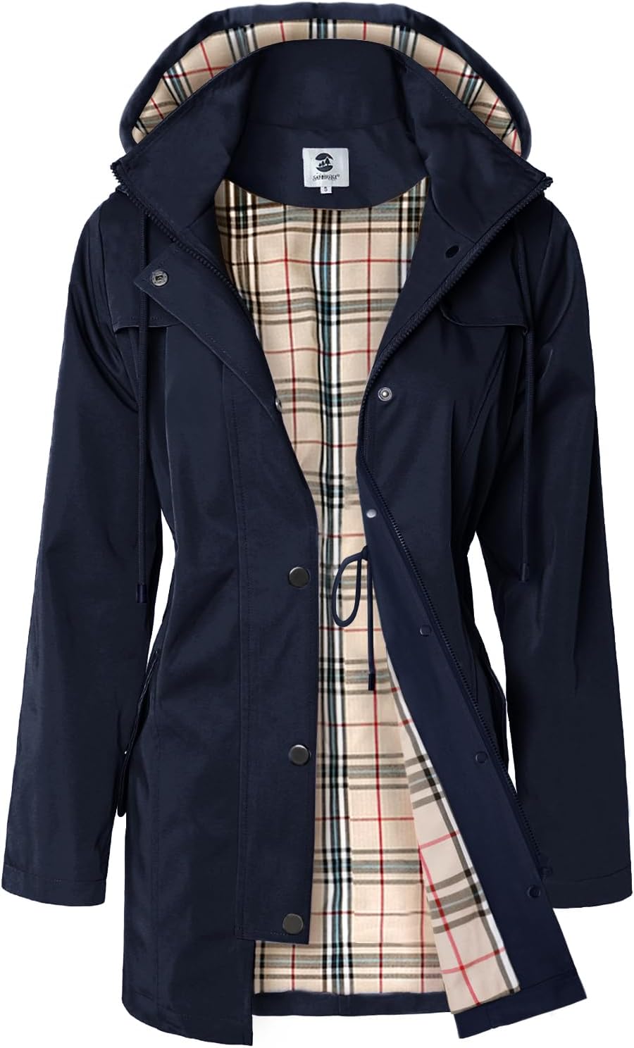 Women's Long Hooded Rain Jacket in Navy Blue, view 5