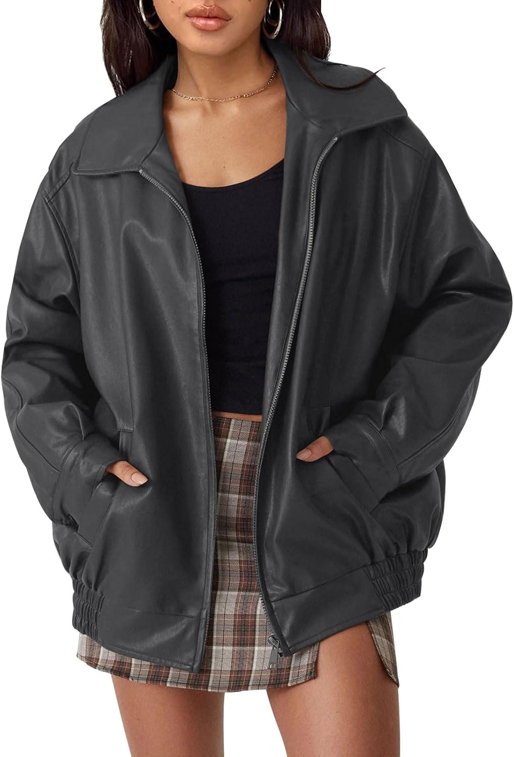 AUTOMET Women's Oversized Faux Leather Jacket for Fall and Winter | Boyfriend Biker Moto Coat, Medium weight Fall Bomber Jackets, Winter Outerwear