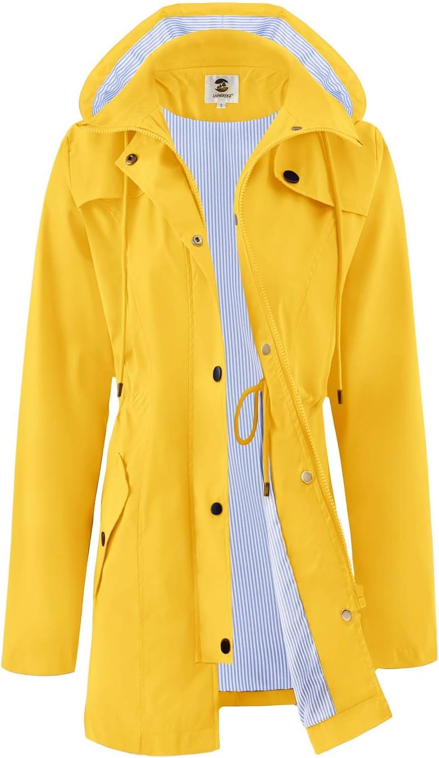 SaphiRose Women's Rain Jacket Waterproof Rain Coat with Hood Outdoor | long, Windbreaker, raincoat, lightweight, drawstring waist, snap pockets, camping, travel, daily wear, walking dog