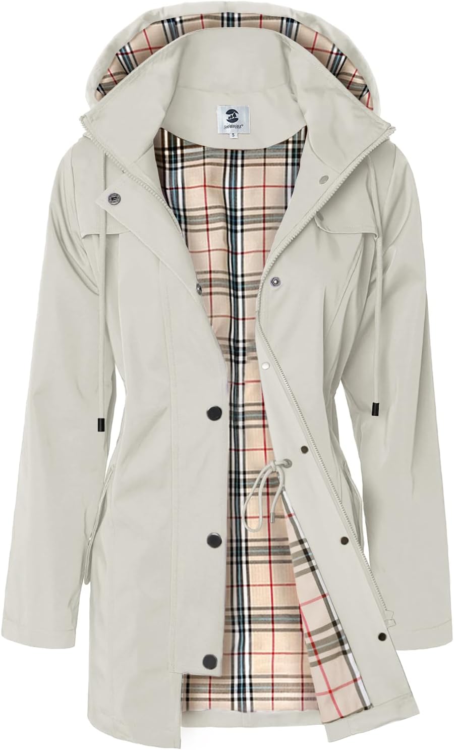 Women's Long Hooded Rain Jacket in Beige, view 8