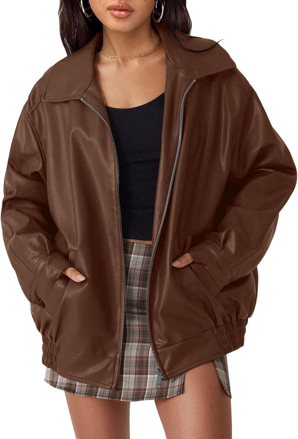 AUTOMET Women's Oversized Faux Leather Jacket for Fall and Winter | Boyfriend Biker Moto Coat, Medium weight Fall Bomber Jackets, Winter Outerwear
