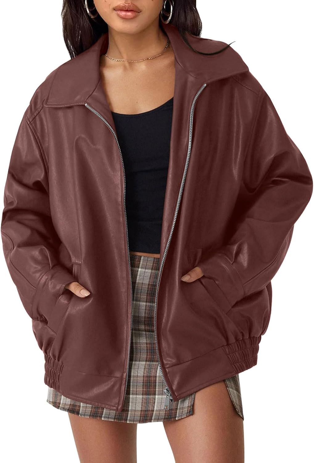 AUTOMET Women's Oversized Faux Leather Jacket for Fall and Winter | Boyfriend Biker Moto Coat, Medium weight Fall Bomber Jackets, Winter Outerwear