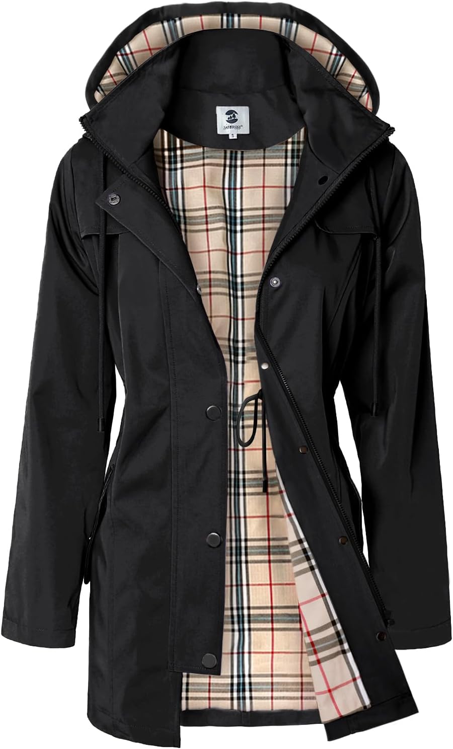 Women's Long Hooded Rain Jacket with Checked Flannel Lining in Black, front view