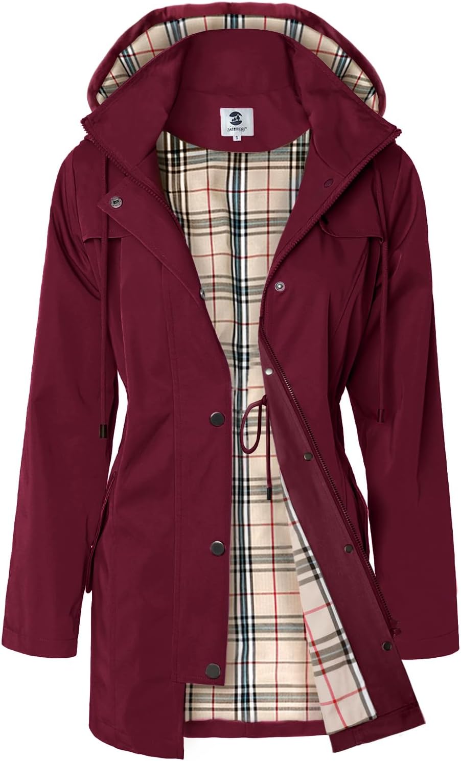 Women's Long Hooded Rain Jacket in Burgundy, view 9