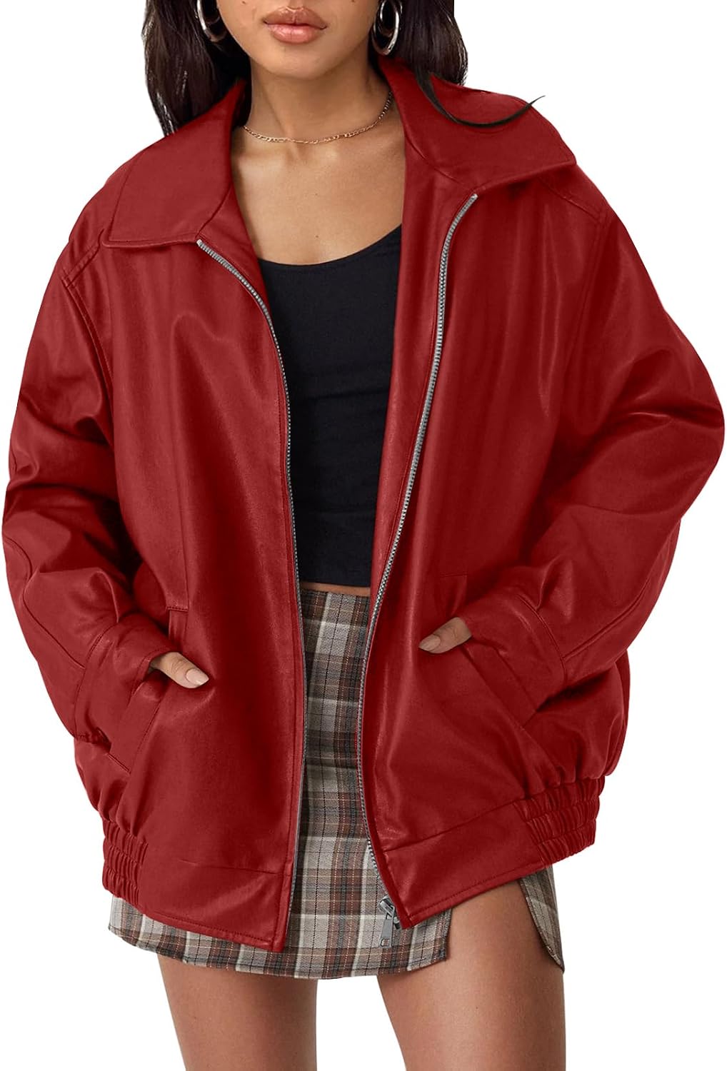 AUTOMET Women's Oversized Faux Leather Jacket for Fall and Winter | Boyfriend Biker Moto Coat, Medium weight Fall Bomber Jackets, Winter Outerwear