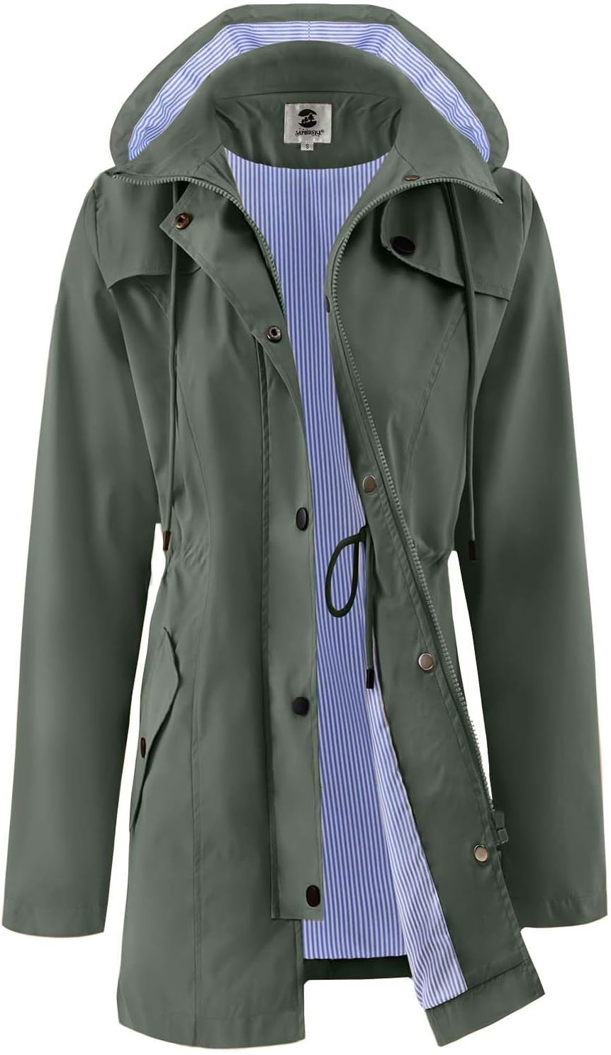 SaphiRose Women's Rain Jacket Waterproof Rain Coat with Hood Outdoor | long, Windbreaker, raincoat, lightweight, drawstring waist, snap pockets, camping, travel, daily wear, walking dog