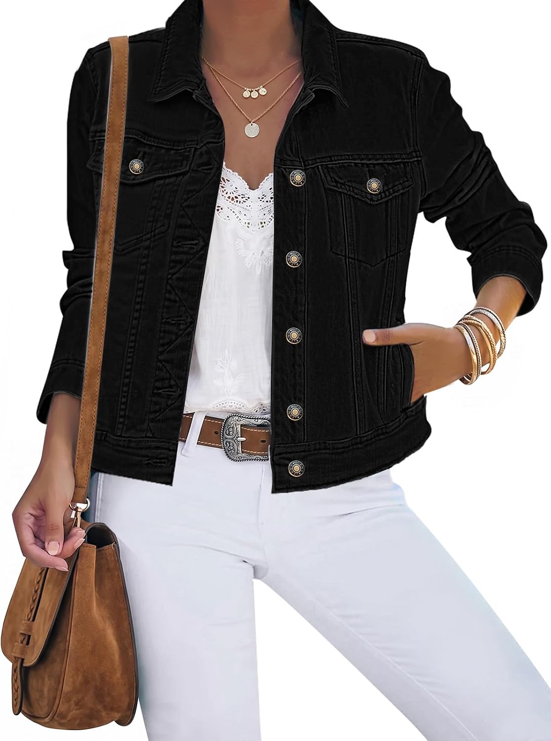 Women's Fitted Stretch Denim Jacket in Black, view 19