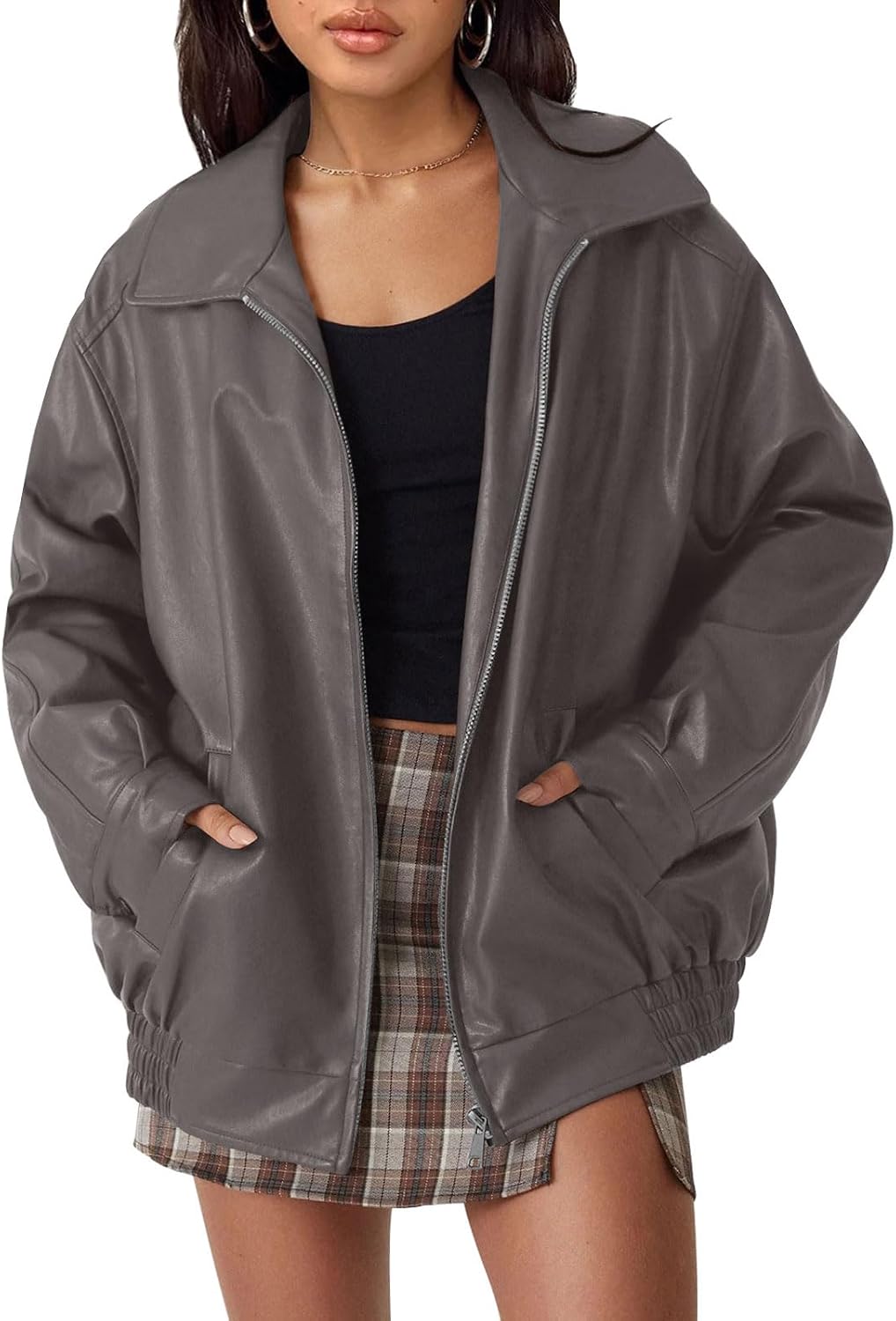AUTOMET Women's Oversized Faux Leather Jacket for Fall and Winter | Boyfriend Biker Moto Coat, Medium weight Fall Bomber Jackets, Winter Outerwear