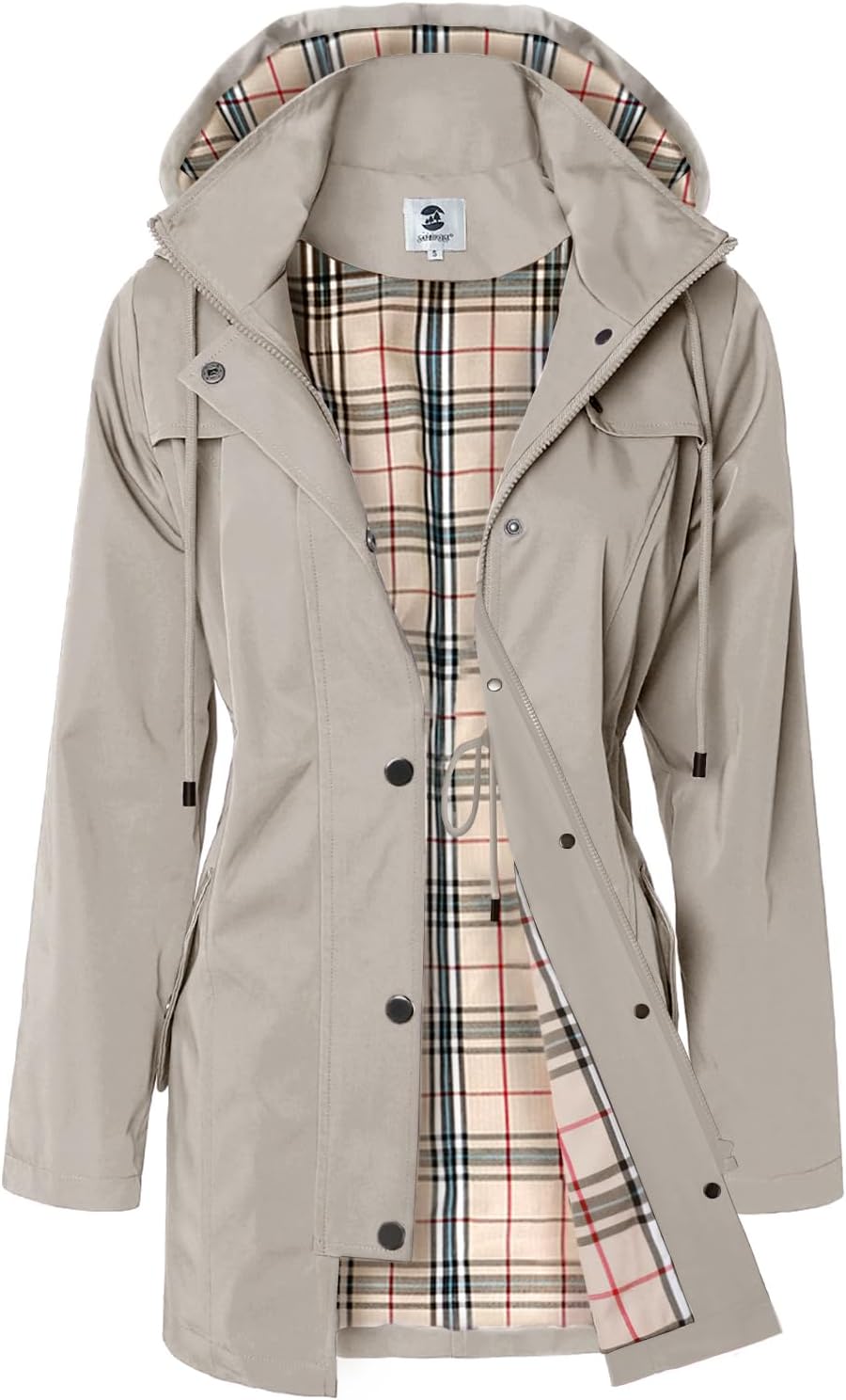 Women's Long Hooded Rain Jacket in Khaki, view 12
