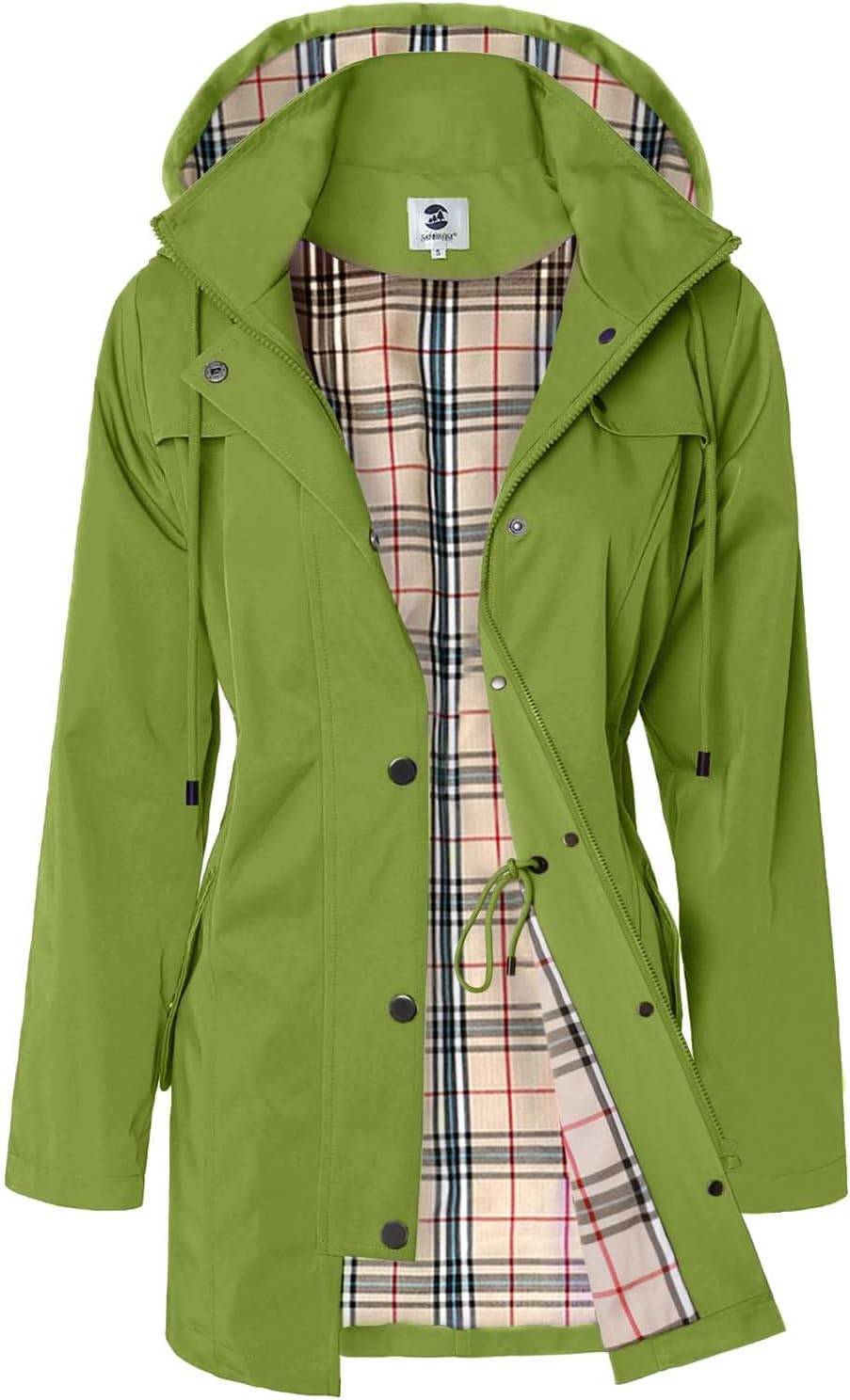 Women's Long Hooded Rain Jacket in Olive Green, view 10