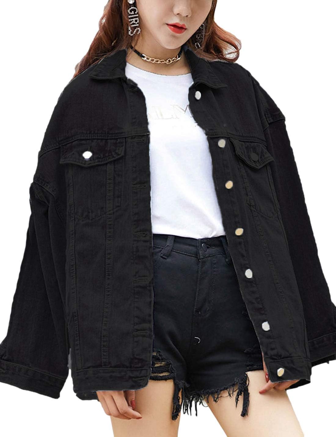Omoone Oversized Denim Jacket Women Mid Long Casual Jean Coat | Blue Jean Jackets for Women Trendy with Pockets, Button Down, Relaxed Fall Coat 2026