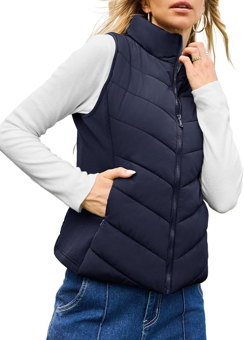 Women's Chevron-Quilted Puffer Vest, Zip Front in Blue, front view
