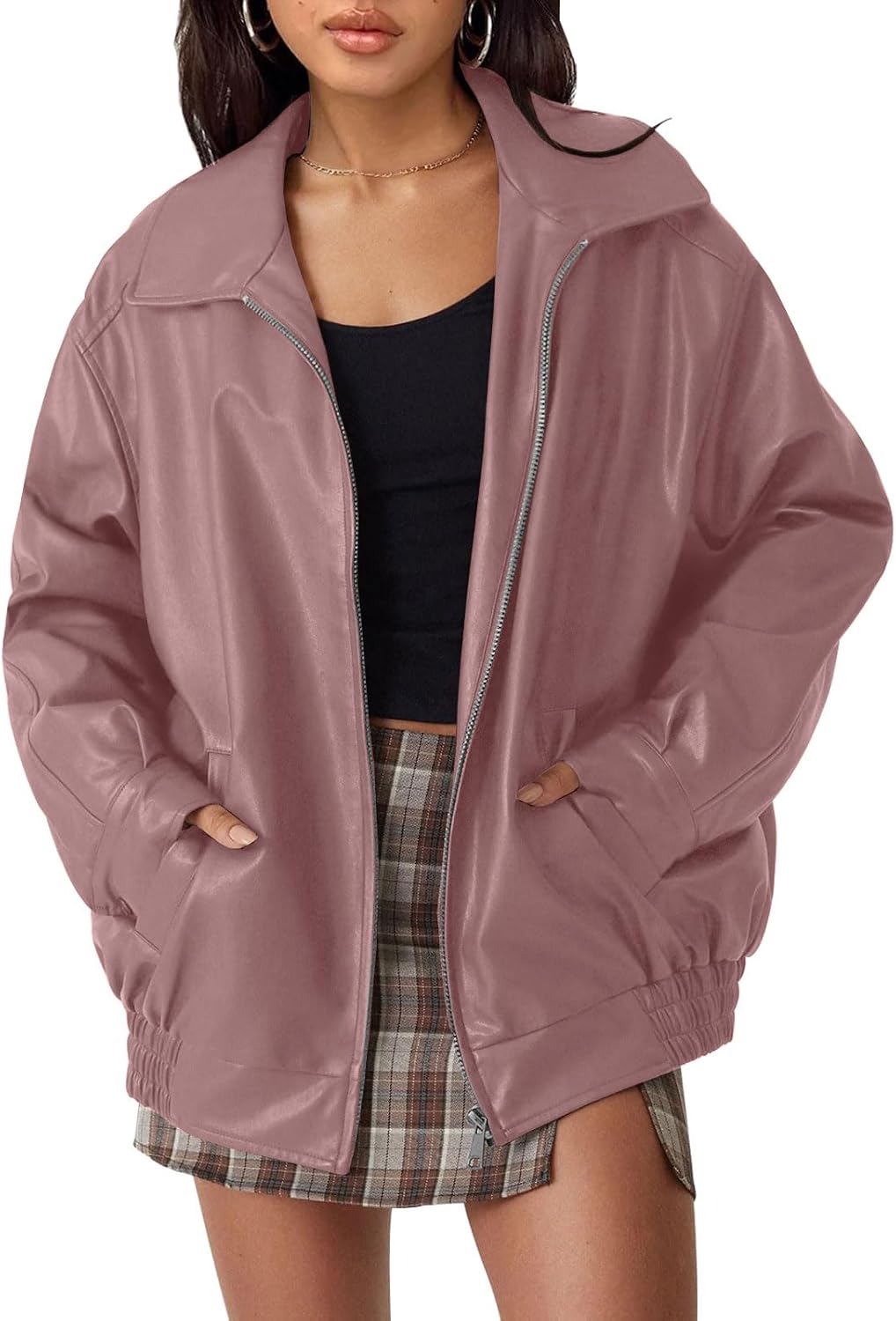 AUTOMET Women's Oversized Faux Leather Jacket for Fall and Winter | Boyfriend Biker Moto Coat, Medium weight Fall Bomber Jackets, Winter Outerwear