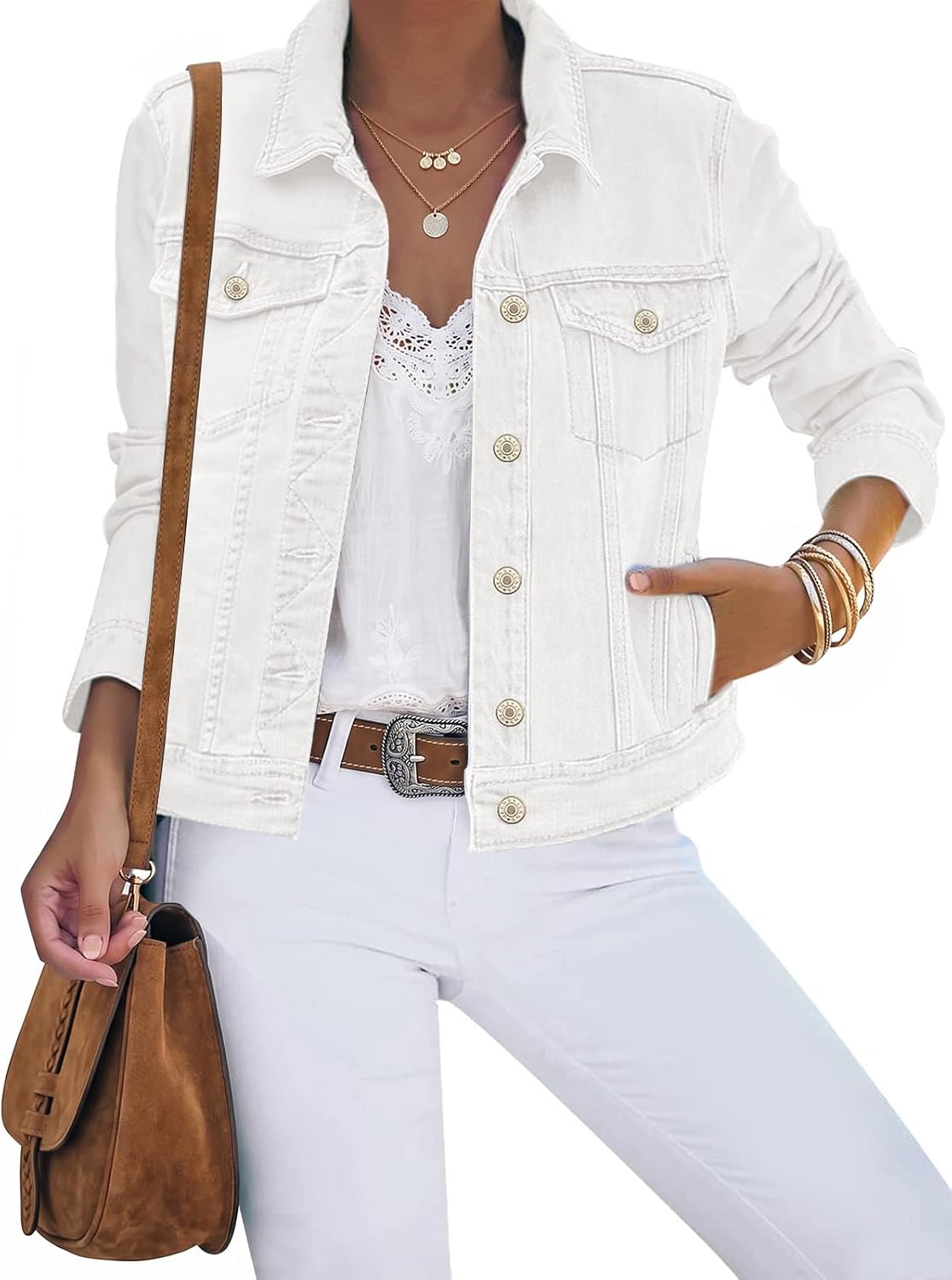 luvamia Women's Basic Button Down Stretch Fitted Long Sleeves Denim Jean Jacket