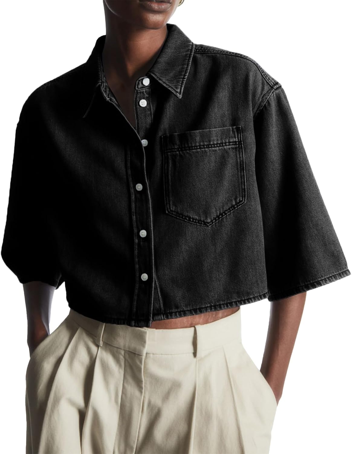 Tankaneo Womens Denim Top Shirt Half Sleeve Button Down Cropped Jean Jacket | Casual Jean Shirt, with Pocket, Summer Short Sleeve, Loose Fit, Oversized