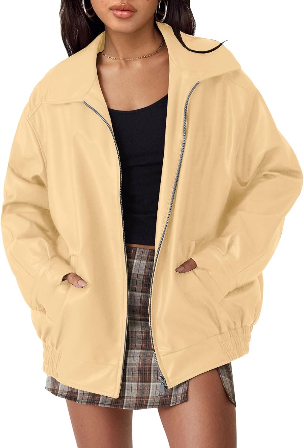 AUTOMET Women's Oversized Faux Leather Jacket for Fall and Winter | Boyfriend Biker Moto Coat, Medium weight Fall Bomber Jackets, Winter Outerwear