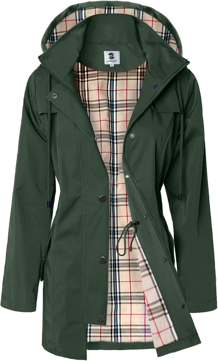 Women's Long Hooded Rain Jacket in Dark Green, view 14