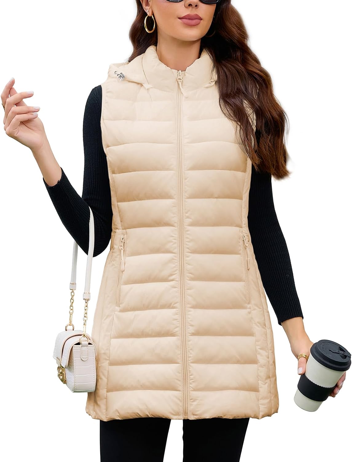 MODERN BUBBLE Long Puffer Vest Women with Hood Lightweight Packable Sleeveless Vest for Spring, Fall & Winter