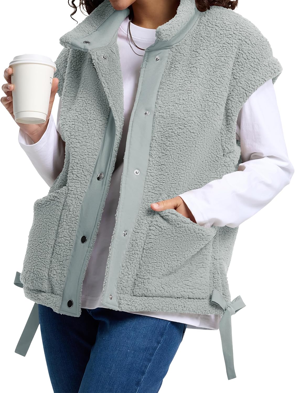 AKEWEI Womens Fuzzy Fleece Jacket Casual Button Down Cap Sleeve Vest | Drawstring Hem, Womens Vest with Pockets, Lightweight and Loose Fit, Suitable for Daily Wear and Layering in Fall and Winter