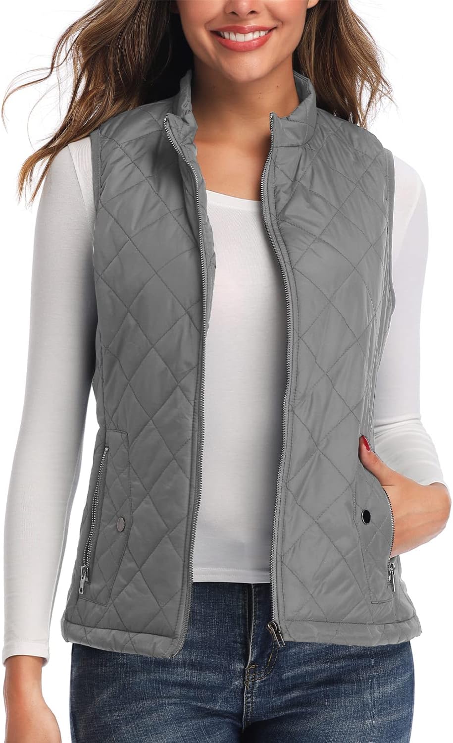 Women's Diamond-Quilted Vest, 2 Pockets in Grey, view 6