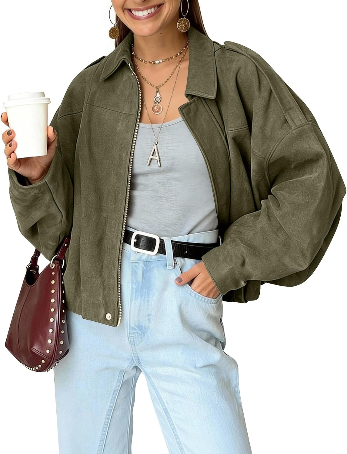 Women's Cropped Faux Suede Bomber in Green, view 4