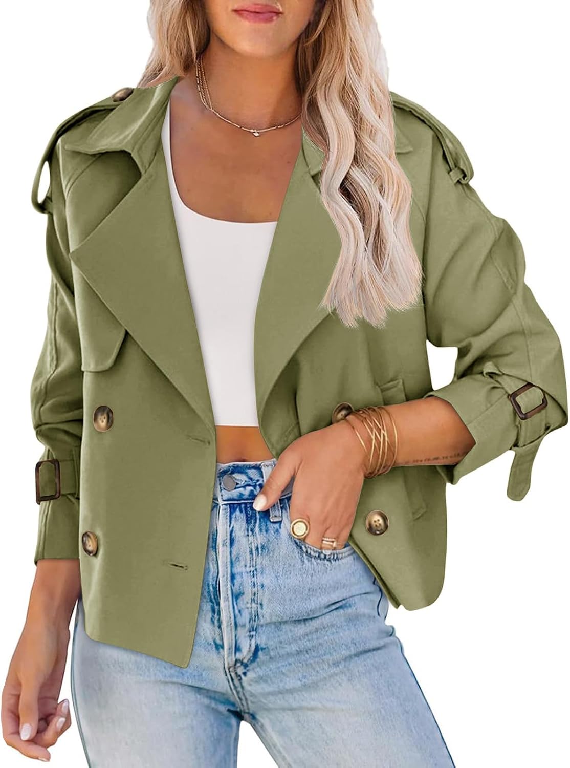 Saodimallsu Women Crop Double Breasted Trench Coat Short Cropped Jacket | Raglan Sleeve,Work,Office,Dressy Casual,Pockets,Trench Jacket,Trendy,Spring,Fall