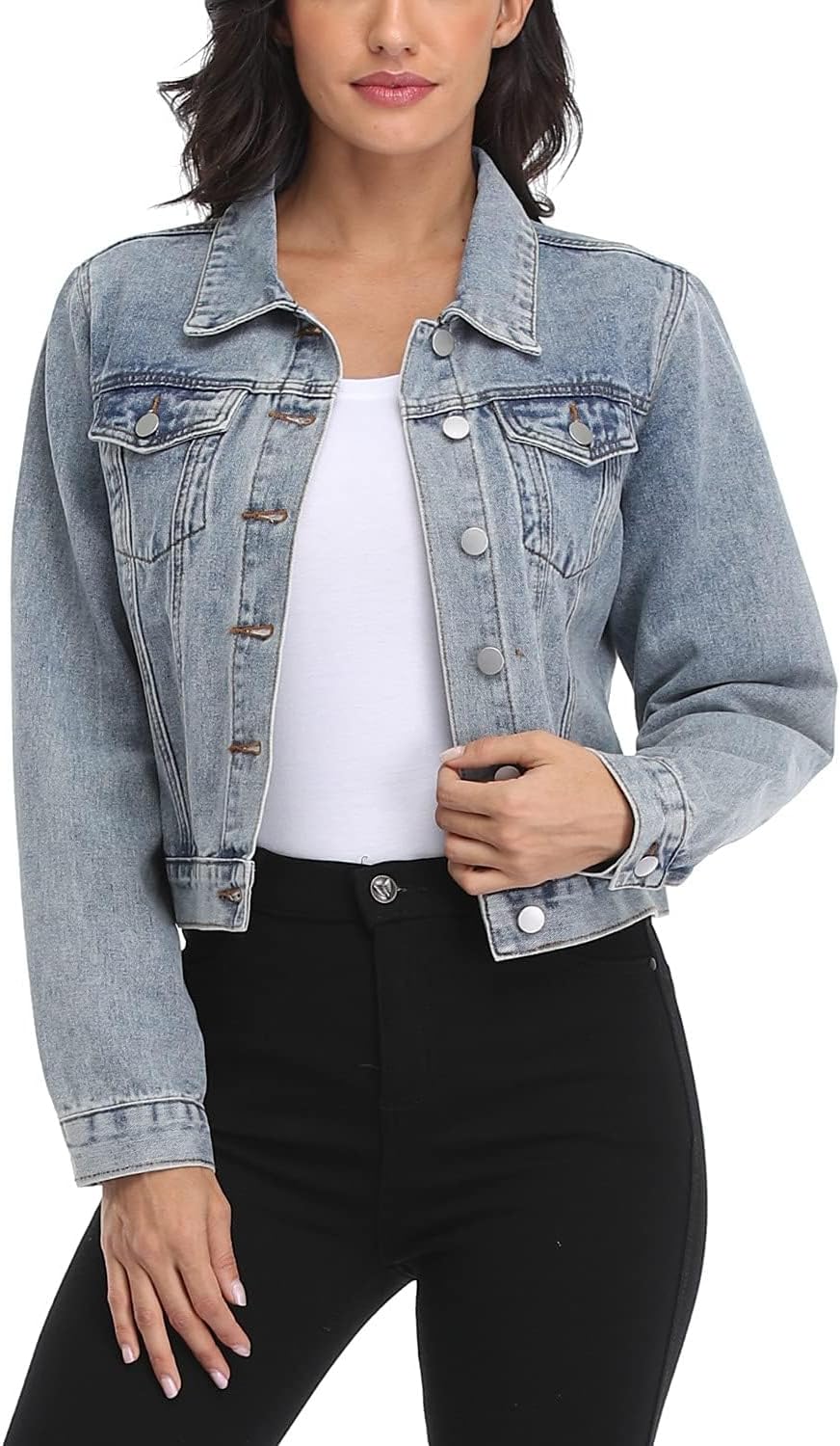 andy & natalie Women's Denim Jackets Cropped Long Sleeve Basic Button Down Crop Jean Shacket with Pockets