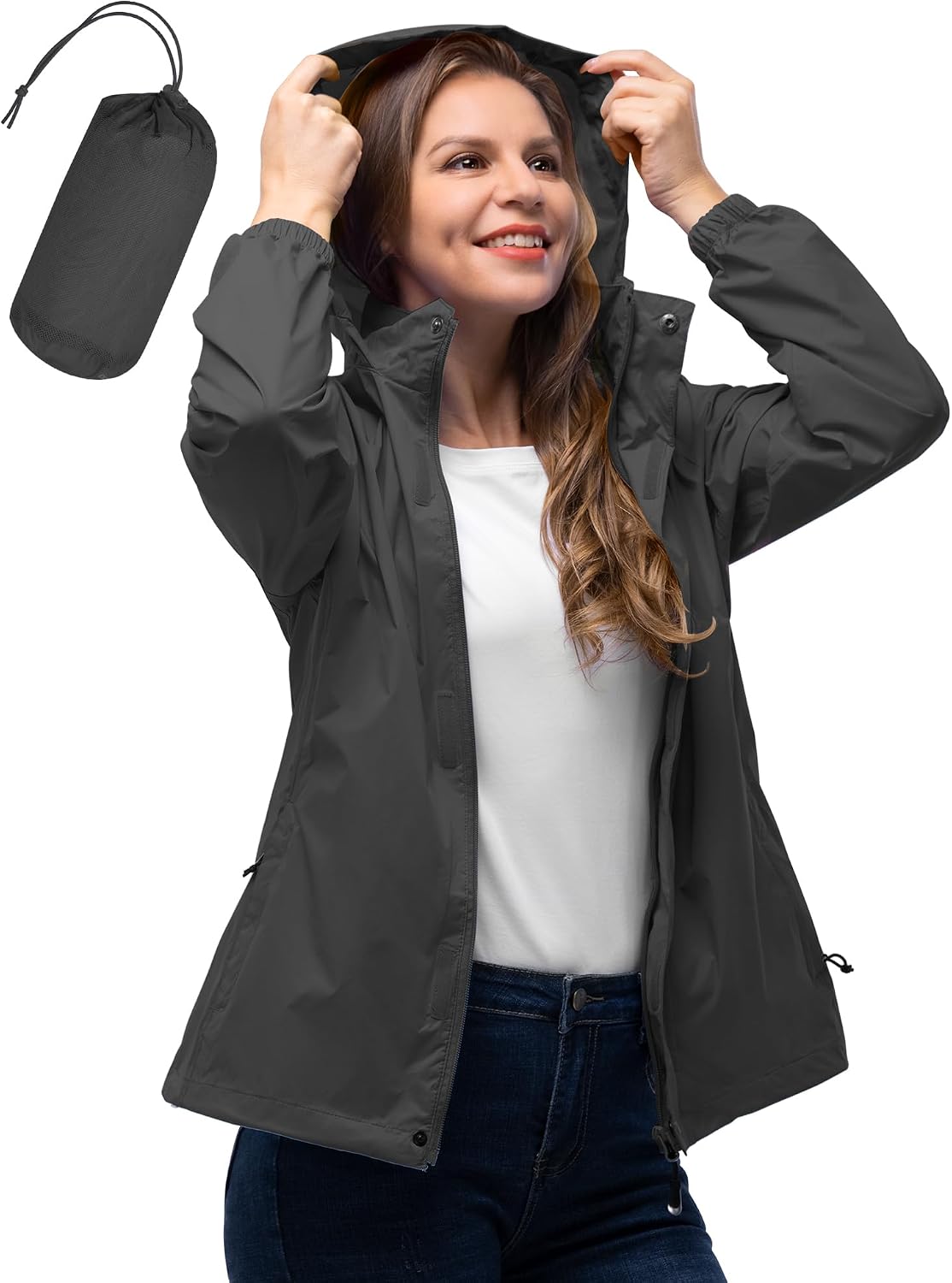 33,000ft Women's Rain Jacket Waterproof Lightweight Packable Raincoat | Breathable, Foldable Hood, Unlined, 0.55lb, Fully Seams Taped, 4 Pockets, for Golf, Hiking, Travel, Windbreaker