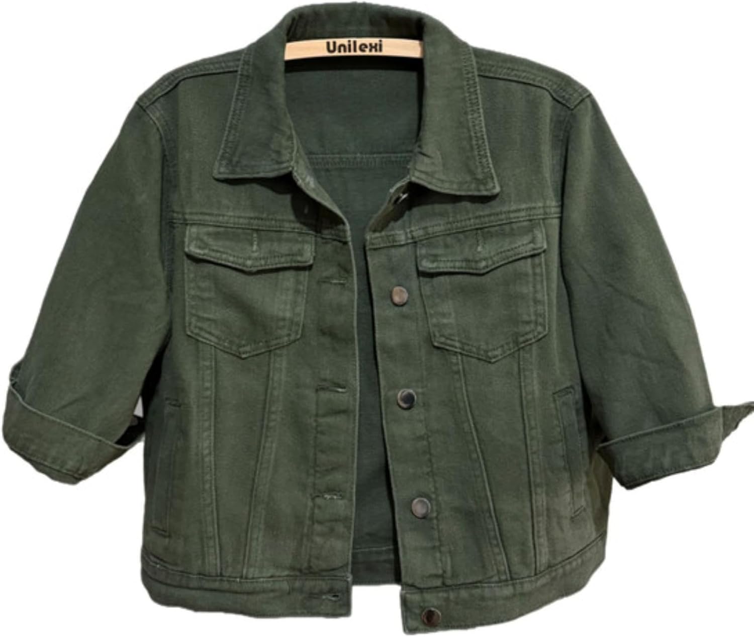 Unilexi Women's 3\/4 Sleeve Colored Cropped Denim Jacket Light Wash Short Jean Jacket Trucker Coat