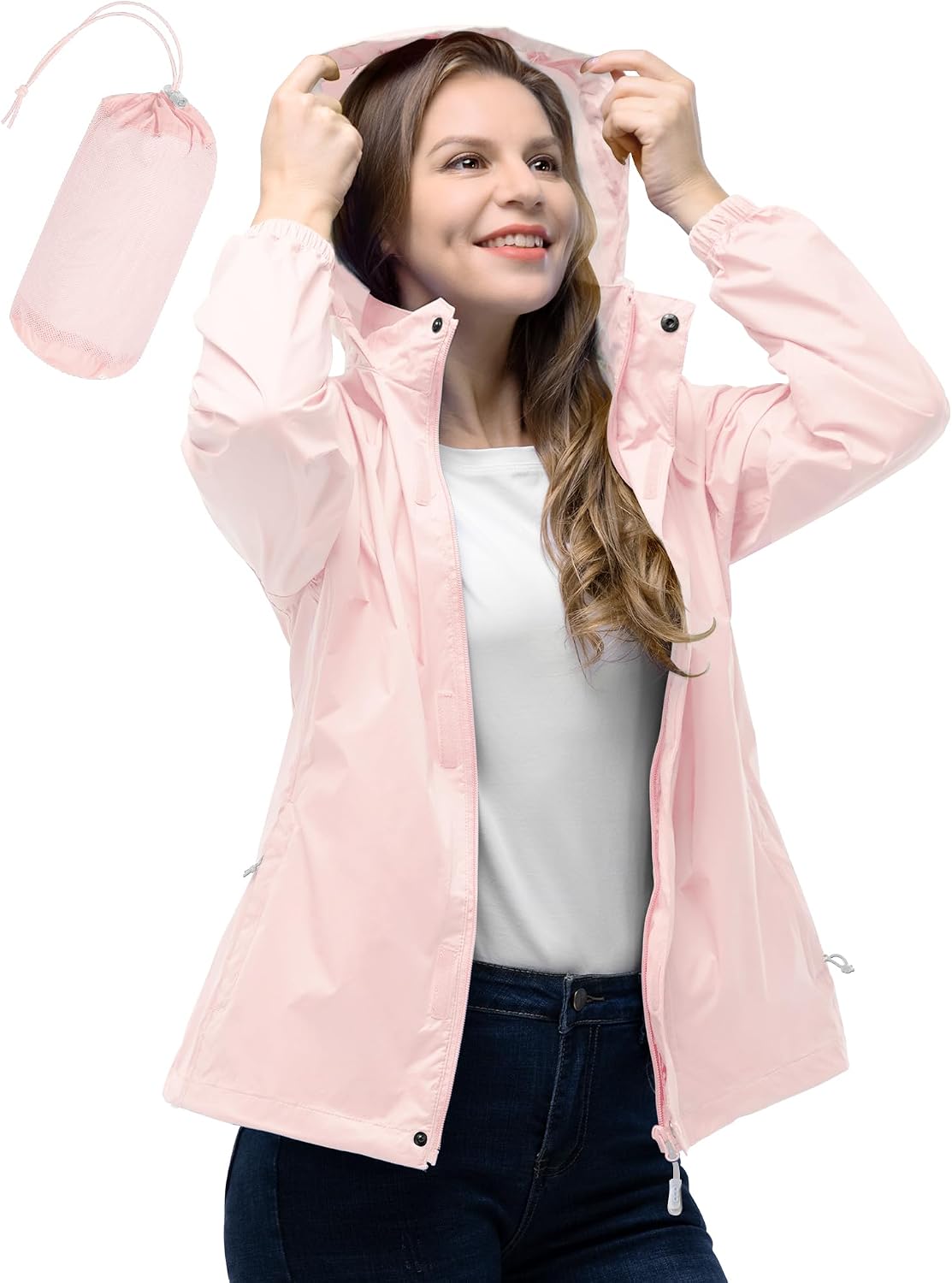 33,000ft Women's Rain Jacket Waterproof Lightweight Packable Raincoat | Breathable, Foldable Hood, Unlined, 0.55lb, Fully Seams Taped, 4 Pockets, for Golf, Hiking, Travel, Windbreaker