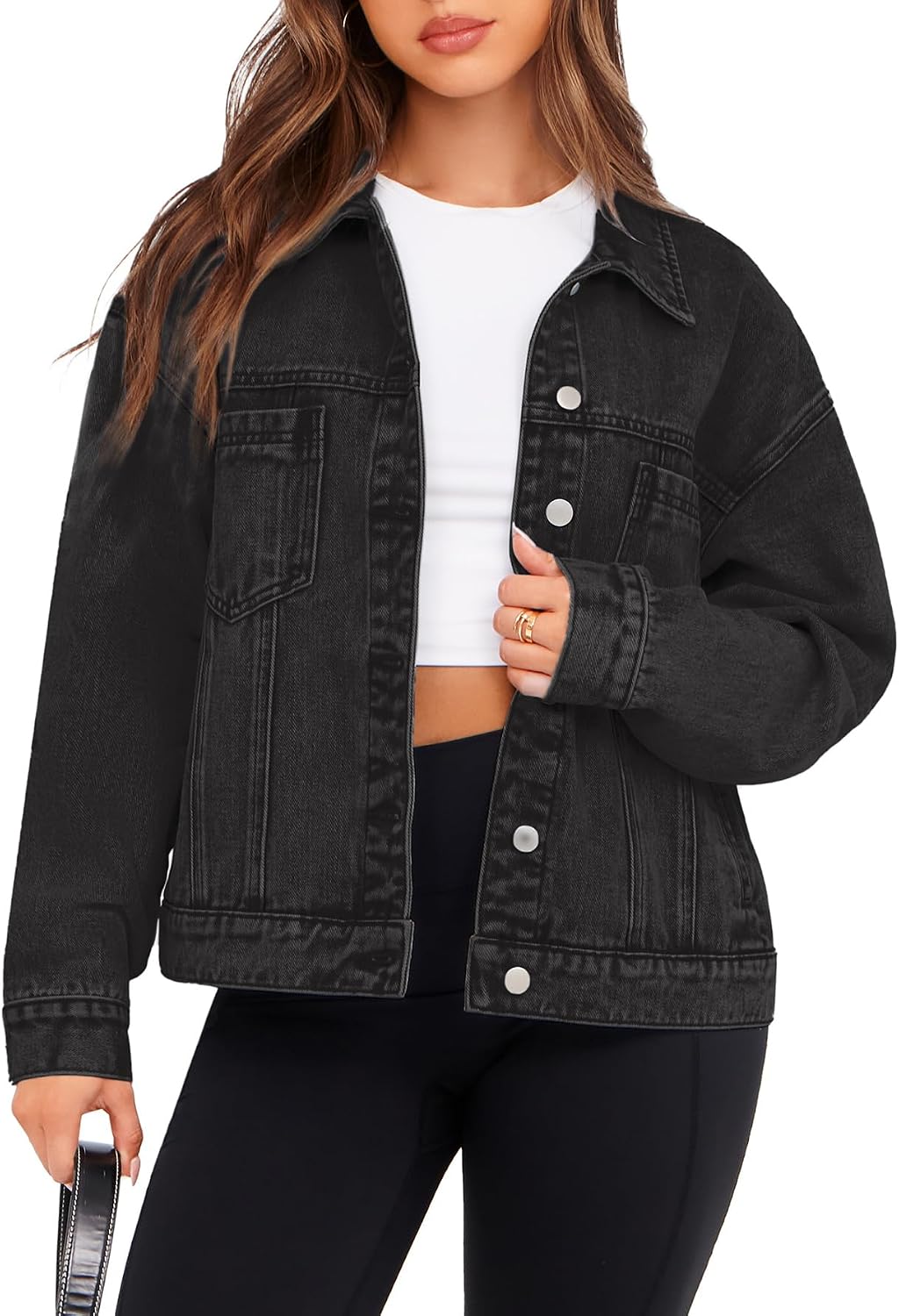 Glamaker Womens Oversized Jean Jacket Casual Long Sleeve Button Down Denim Jacket Fall Coat