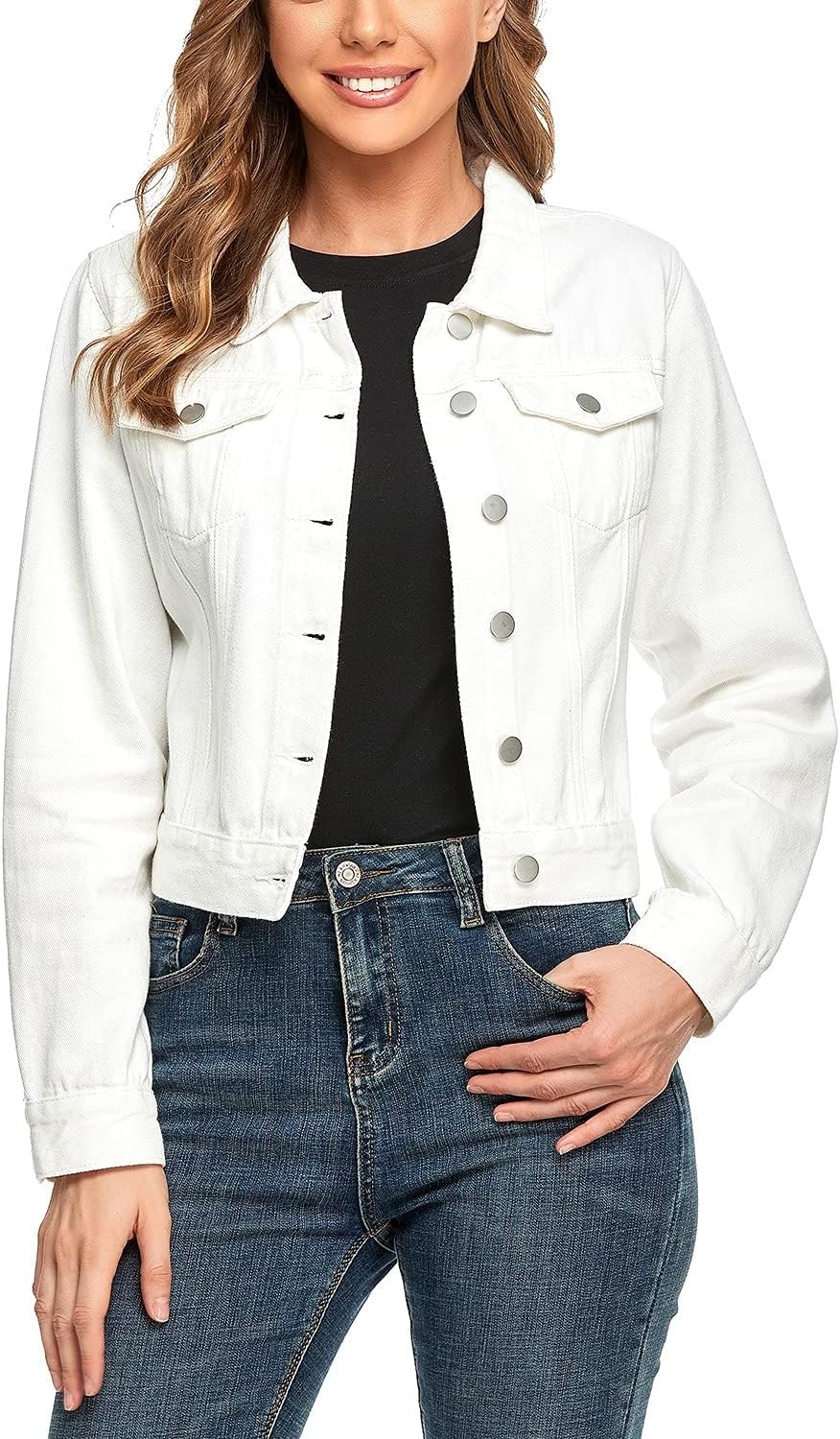 andy & natalie Women's Denim Jackets Cropped Long Sleeve Basic Button Down Crop Jean Shacket with Pockets