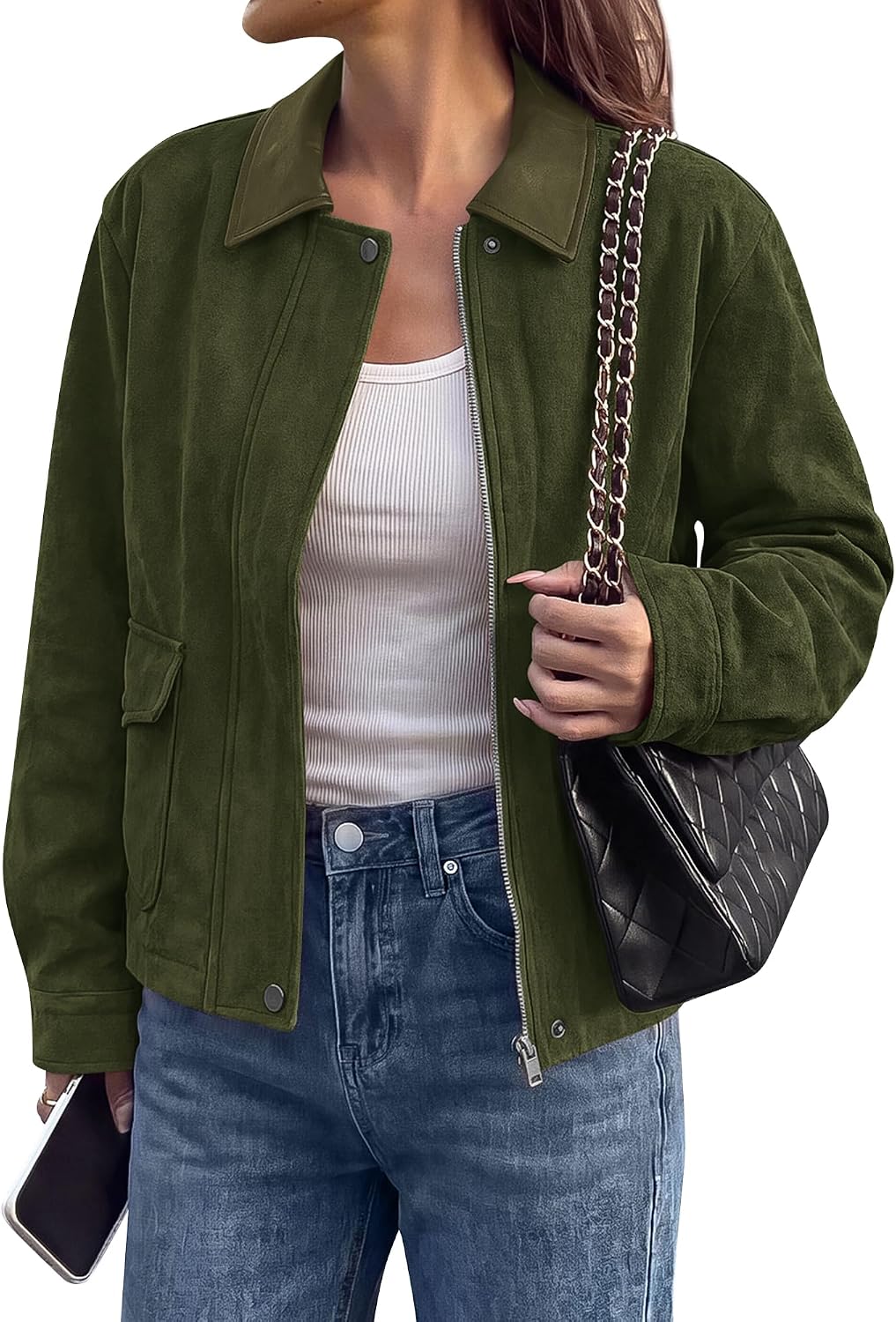 BTFBM Faux Suede Jacket Women Leather Lapel Zip Up Fall Outfits 2026 | Button Down Long Sleeve Outerwear With Flap Pockets, Early Winter Coats, Motorcycle Jackets, Western Country Concert Outfits