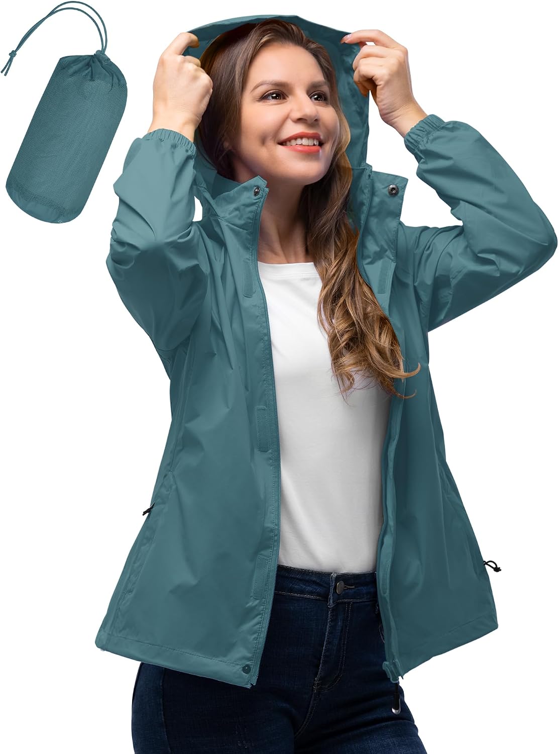 33,000ft Women's Rain Jacket Waterproof Lightweight Packable Raincoat | Breathable, Foldable Hood, Unlined, 0.55lb, Fully Seams Taped, 4 Pockets, for Golf, Hiking, Travel, Windbreaker