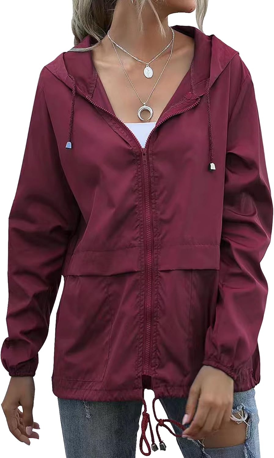 Women's Hooded Rain Shell in Wine Red, view 3