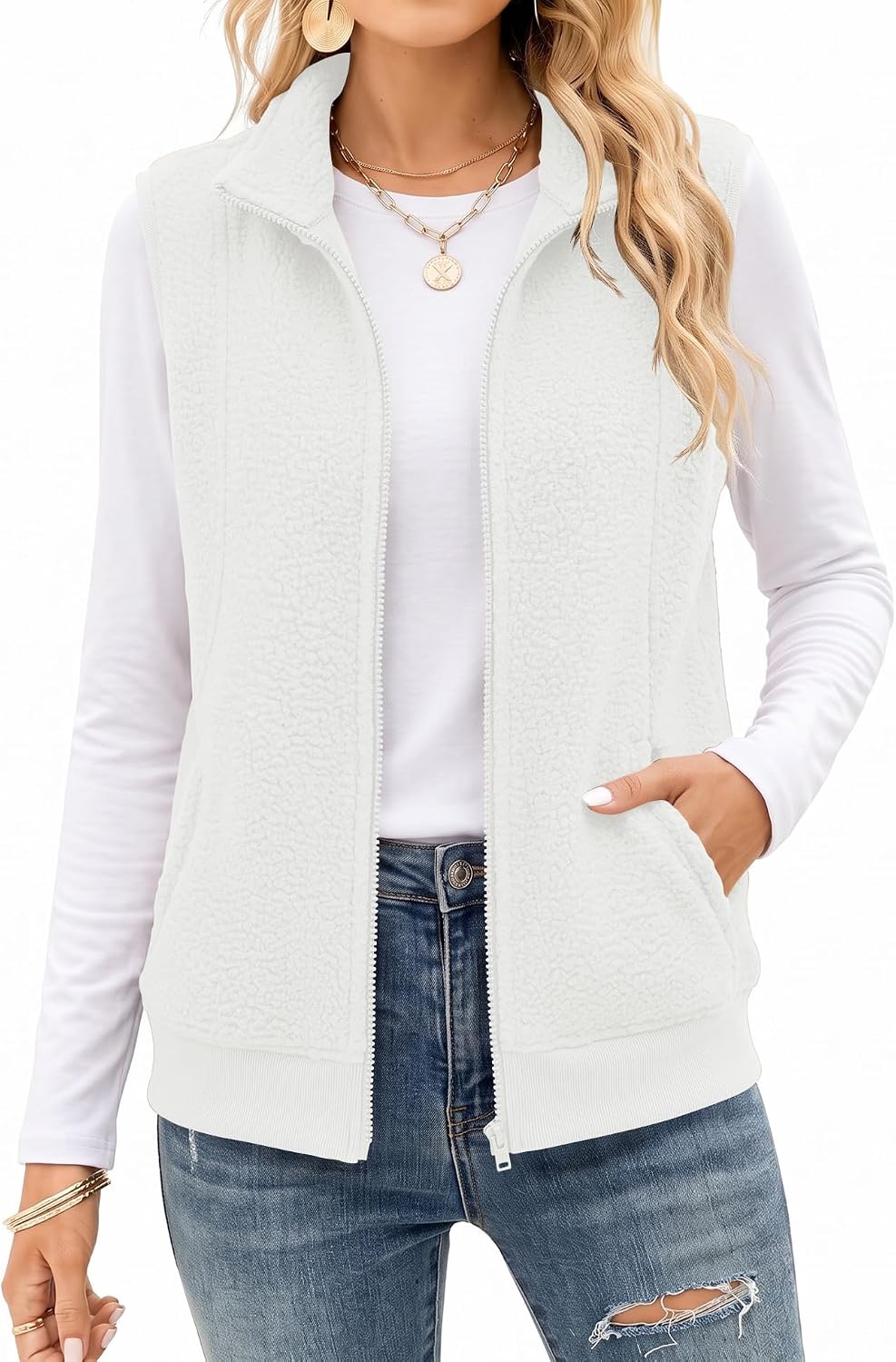 AKEWEI Womens Sherpa Fleece Vest Trendy Warm Sleeveless Vests Jacket | Lightweight Zip Jackets Warm Soft Vests with Pockets