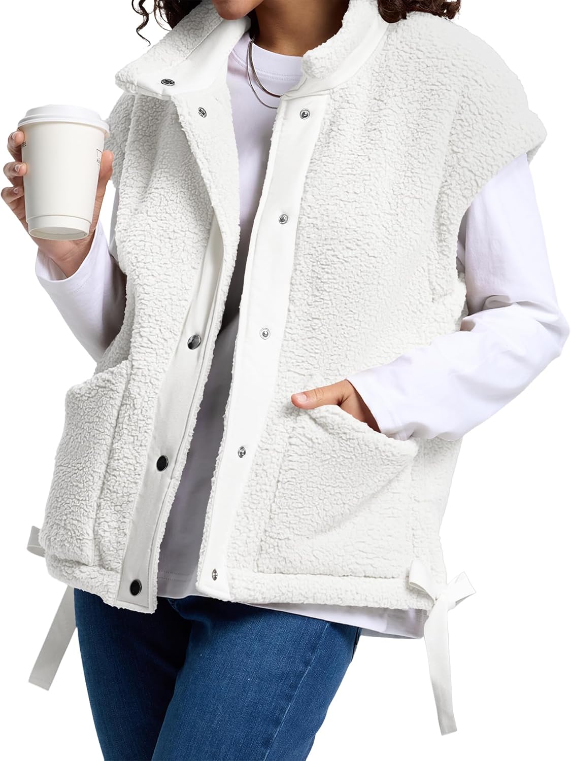 AKEWEI Womens Fuzzy Fleece Jacket Casual Button Down Cap Sleeve Vest | Drawstring Hem, Womens Vest with Pockets, Lightweight and Loose Fit, Suitable for Daily Wear and Layering in Fall and Winter