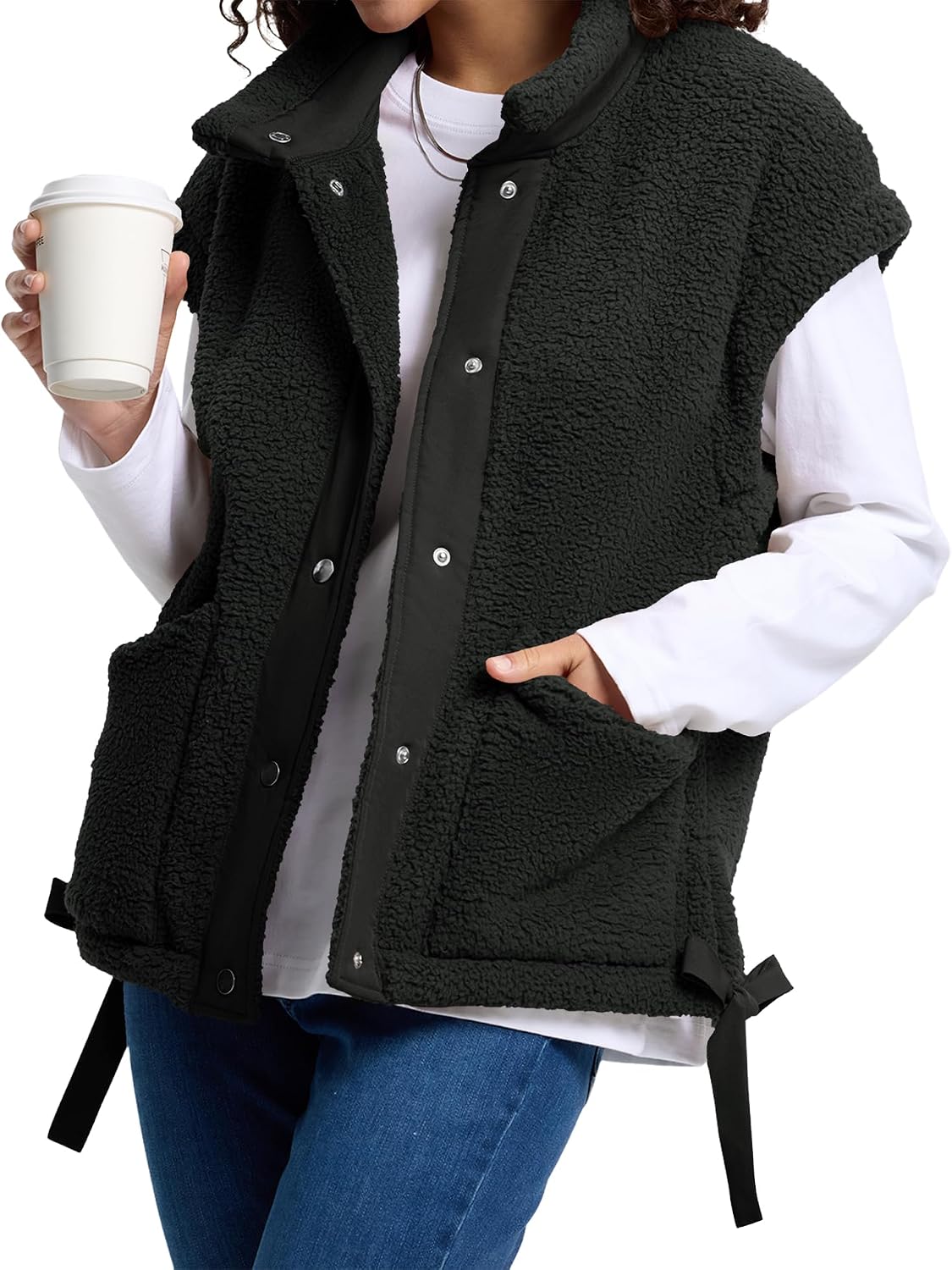 AKEWEI Womens Fuzzy Fleece Jacket Casual Button Down Cap Sleeve Vest | Drawstring Hem, Womens Vest with Pockets, Lightweight and Loose Fit, Suitable for Daily Wear and Layering in Fall and Winter