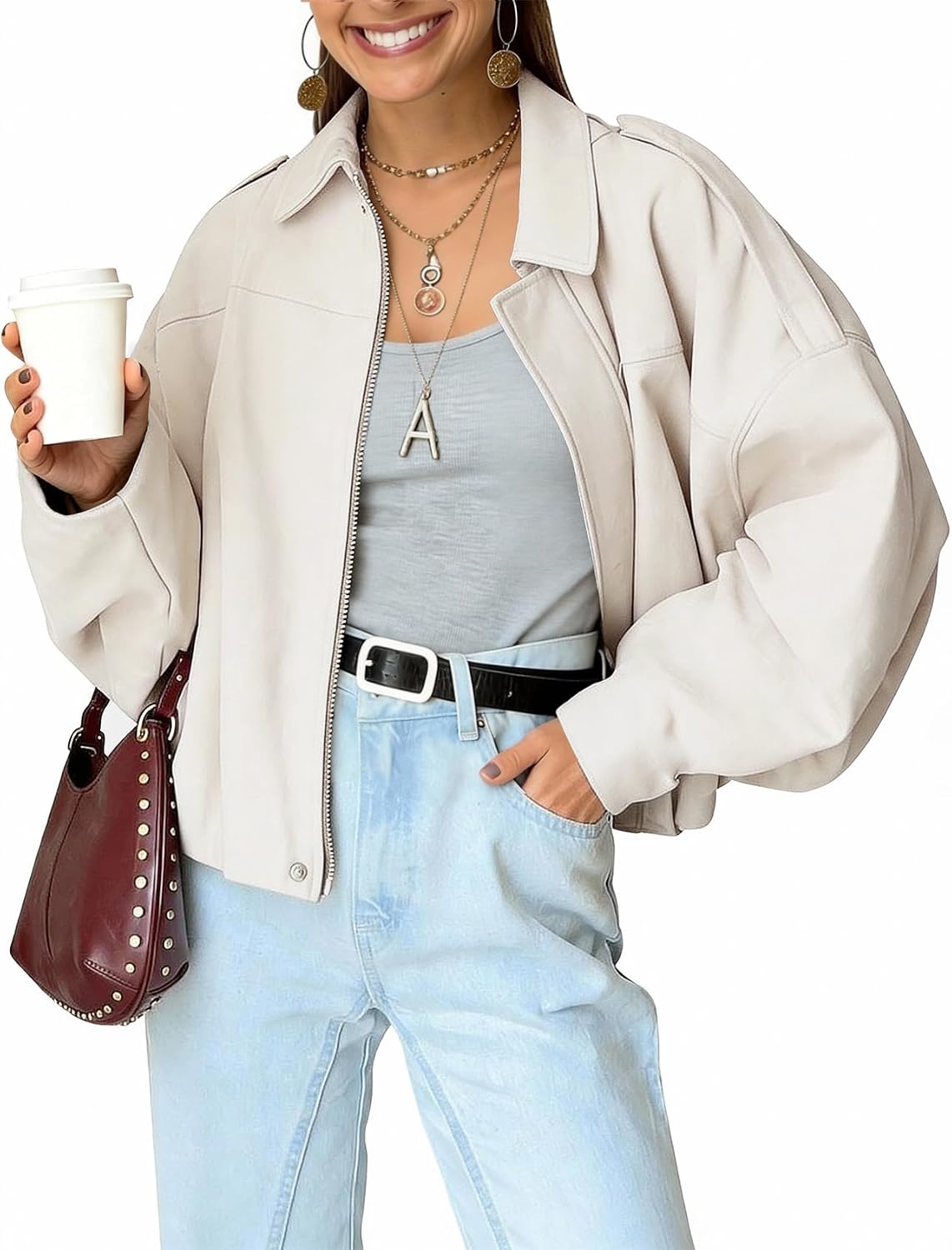 Kissonic Womens Faux Suede Bomber Jacket Oversized Long Sleeve Cropped Coat | Lapel Collar, Batwing Sleeve, Shoulder Straps, Pleated Hems, Zip Up, Casual Trendy Outerwear Streetwear