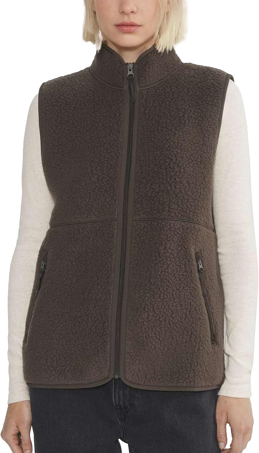 Women's Sherpa Vest with Stand Collar and Zip Pockets in Brown, front view