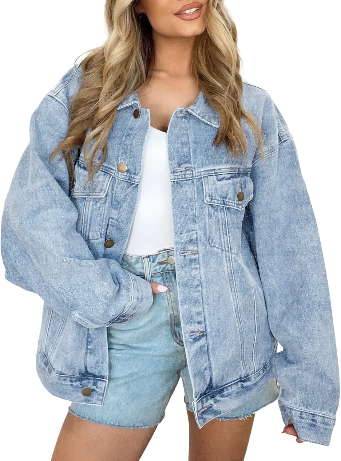 AUTOMET Women's Button Down Oversized Jeans Jacket with Pockets | Classic Denim Jacket with Chest Pockets, Loose Fit Boyfriend Style Coat for Fall